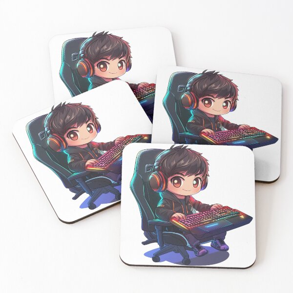 Item preview, A chibi-style gamer boy with big headphones, holding a glowing RGB keyboard, with a confident smirk, sitting in a gaming chair, cartoon character T-shirt, Sticker designed and sold by Little KAIJU.