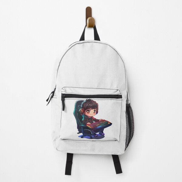 Item preview, A chibi-style gamer boy with big headphones, holding a glowing RGB keyboard, with a confident smirk, sitting in a gaming chair, cartoon character T-shirt, Sticker designed and sold by Little KAIJU.