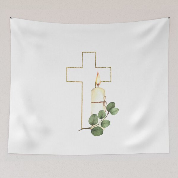 Item preview, Golden Cross silhouette with church burning candle and green branch. Watercolor painting designed and sold by BartolArt.