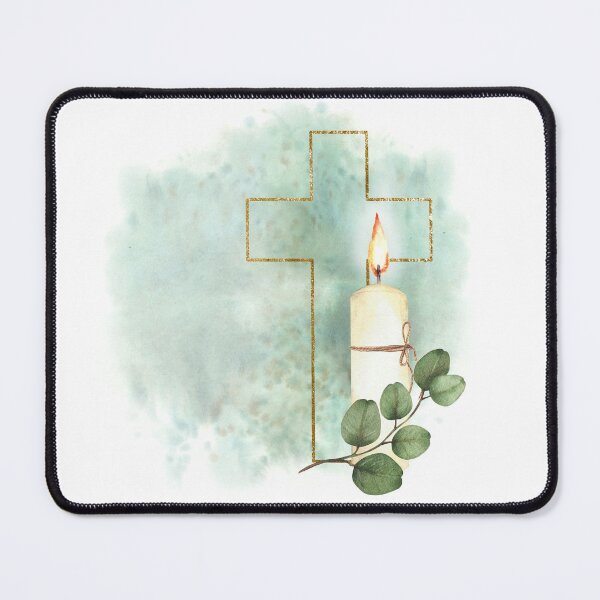 Item preview, Golden Cross silhouette with church burning candle and green branch on watercolor green stain designed and sold by BartolArt.