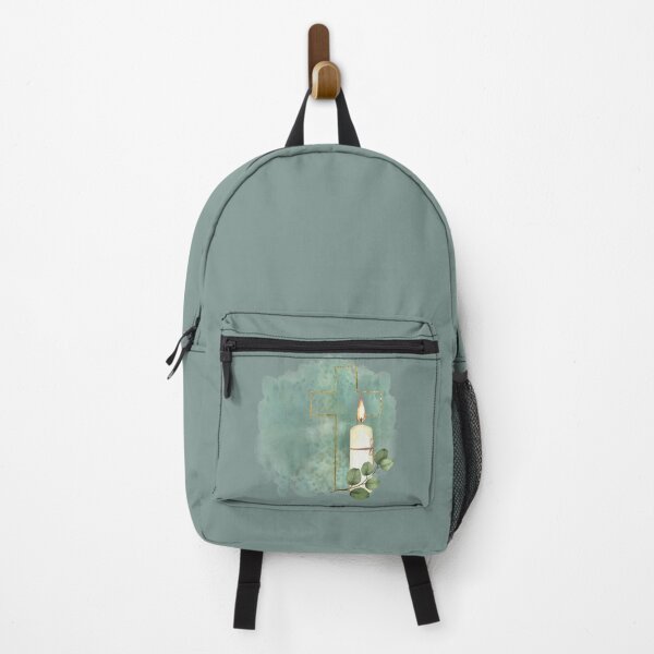 Item preview, Golden Cross silhouette with church burning candle and green branch on watercolor green stain designed and sold by BartolArt.