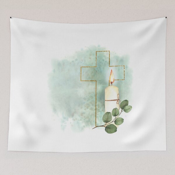 Item preview, Golden Cross silhouette with church burning candle and green branch on watercolor green stain designed and sold by BartolArt.
