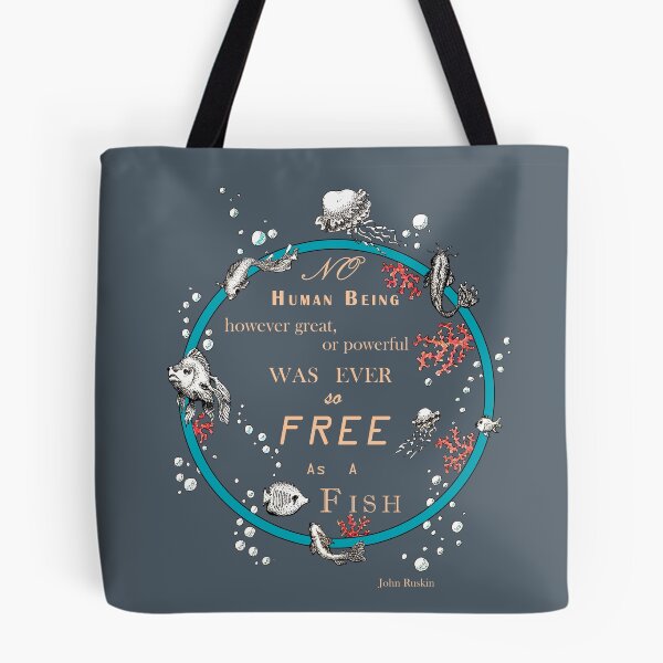 Item preview, Inspirational quote from a Victorian philosopher on freedom and fish. Blue, beige and grey-blue design. designed and sold by Lucy Dreams.