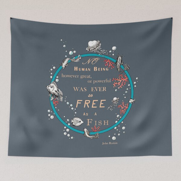 Item preview, Inspirational quote from a Victorian philosopher on freedom and fish. Blue, beige and grey-blue design. designed and sold by Lucy Dreams.