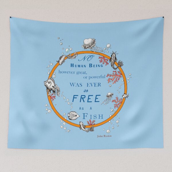 Item preview, Inspirational quote from a Victorian philosopher on freedom and fish. Blue and orange design. designed and sold by Lucy Dreams.