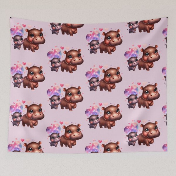 Item preview, Moodeng pygmy hippo and mom (beige background) designed and sold by Ningodino.