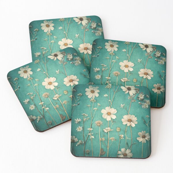 Item preview, White Vintage Flowers on Turquoise Background designed and sold by Honey Myrtle Studio.