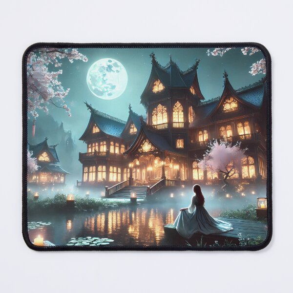 Item preview, Mystical Moonlit Manor by the Lake-Fantasy Night Scene designed and sold by Jira-Indejang.