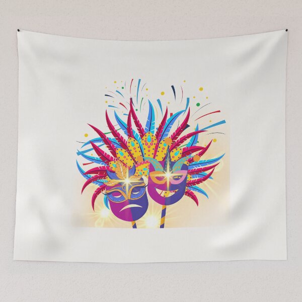 Item preview, Two vibrant carnival masks adorned with intricate feather decorations and colorful designs. designed and sold by Wantanadesign.