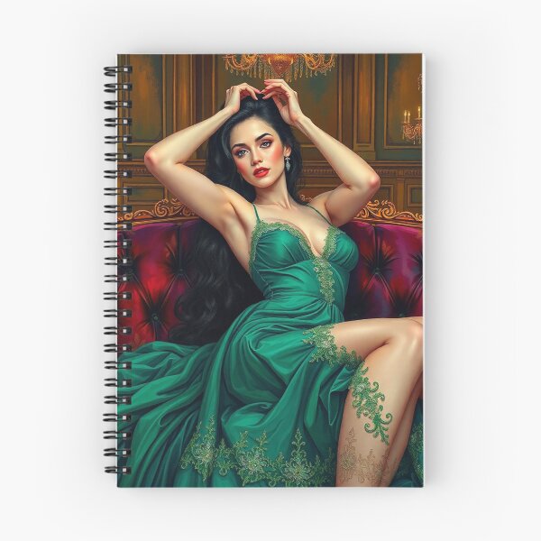 Item preview, Painting of a beautiful lady in a green dress reclining on her sofa designed and sold by Vintage Designs +.