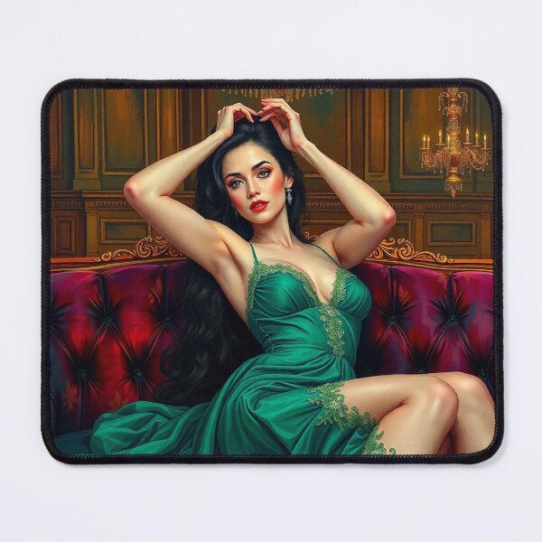 Item preview, Painting of a beautiful lady in a green dress reclining on her sofa designed and sold by Vintage Designs +.