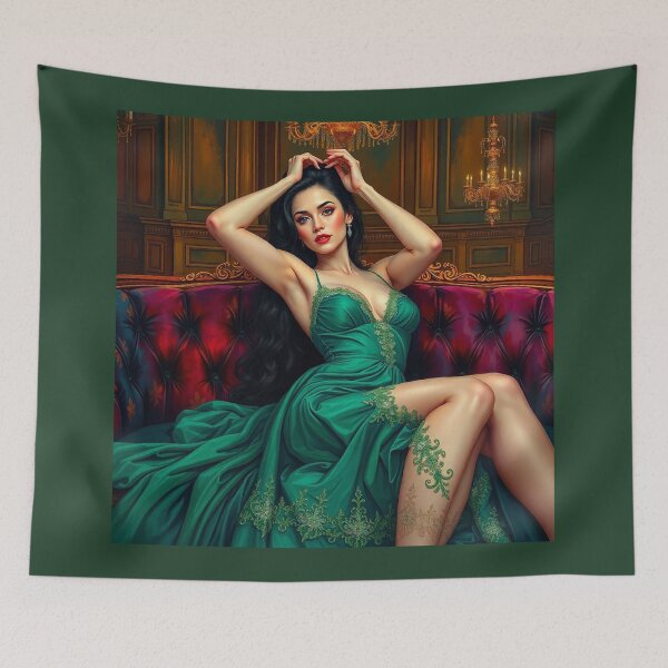 Item preview, Painting of a beautiful lady in a green dress reclining on her sofa designed and sold by Vintage Designs +.