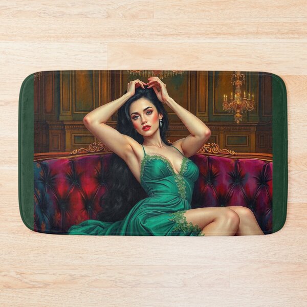Item preview, Painting of a beautiful lady in a green dress reclining on her sofa designed and sold by Vintage Designs +.