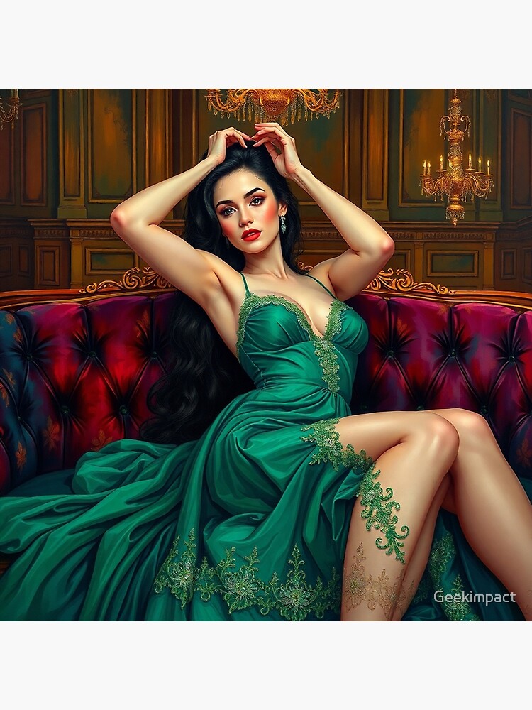 Painting of a beautiful lady in a green dress reclining on her sofa Poster