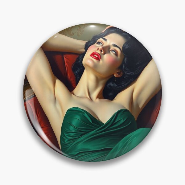 Item preview, Painting of a beautiful lady in a green dress reclining on her sofa designed and sold by Vintage Designs +.