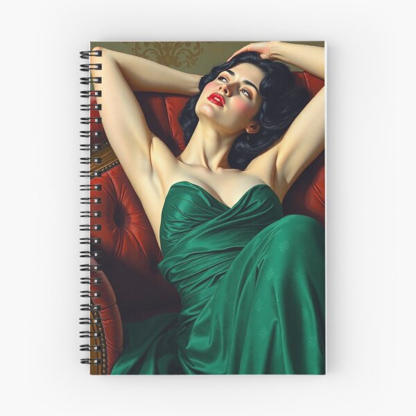 Item preview, Painting of a beautiful lady in a green dress reclining on her sofa designed and sold by Vintage Designs +.
