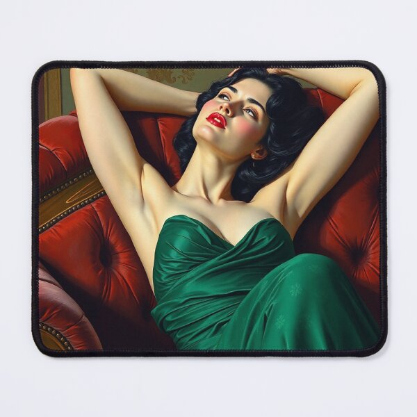 Item preview, Painting of a beautiful lady in a green dress reclining on her sofa designed and sold by Vintage Designs +.