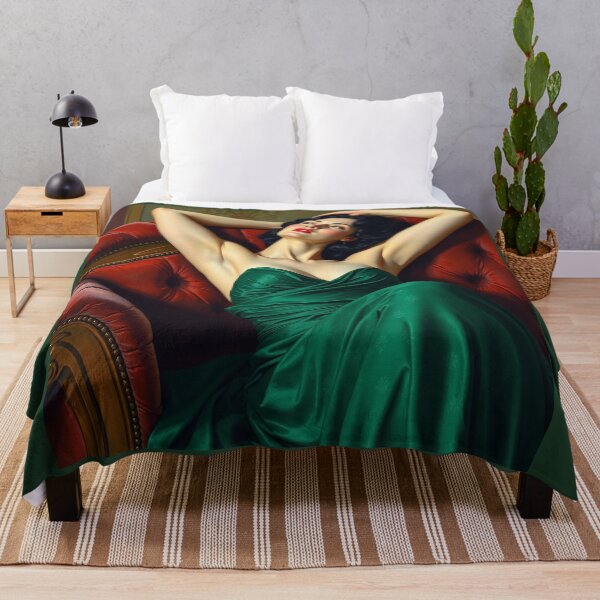 Item preview, Painting of a beautiful lady in a green dress reclining on her sofa designed and sold by Vintage Designs +.