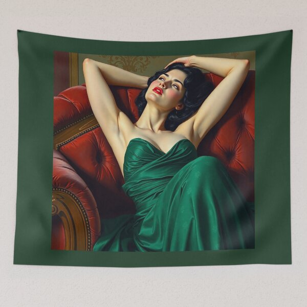Item preview, Painting of a beautiful lady in a green dress reclining on her sofa designed and sold by Vintage Designs +.