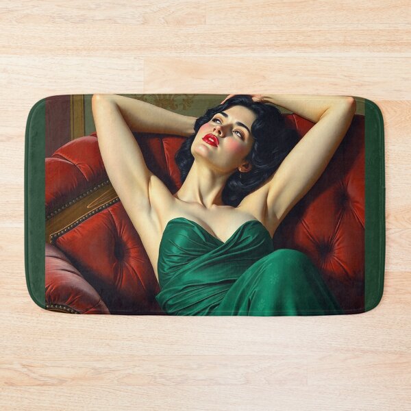 Item preview, Painting of a beautiful lady in a green dress reclining on her sofa designed and sold by Vintage Designs +.