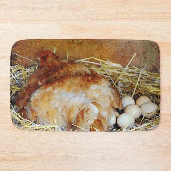 Item preview, Watercolor painting of a hen nesting with eggs in a straw bed designed and sold by GestaltImagery.