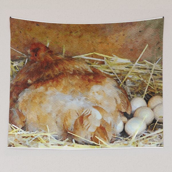 Item preview, Watercolor painting of a hen nesting with eggs in a straw bed designed and sold by GestaltImagery.