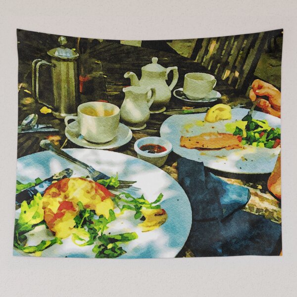 Item preview, Cozy outdoor brunch setting with delicious food spread designed and sold by GestaltImagery.