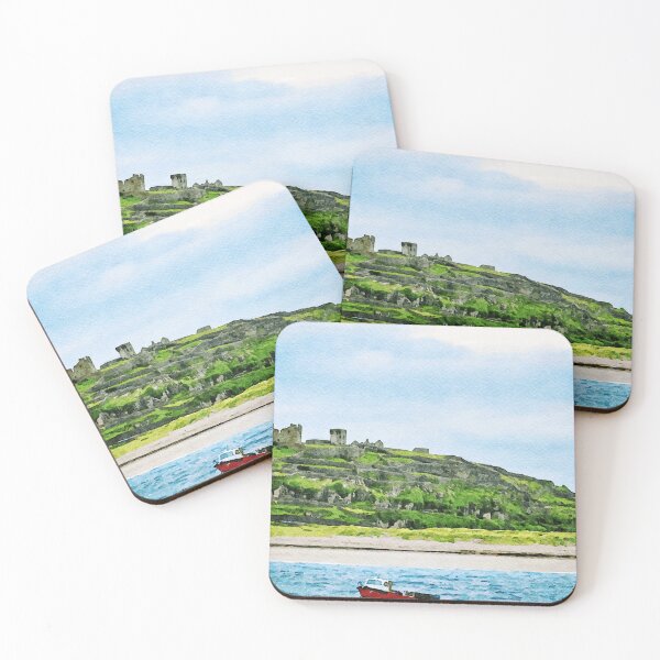 Item preview, Watercolor landscape of Inishmore with ruins and ocean in Aran Islands, Ireland designed and sold by GestaltImagery.