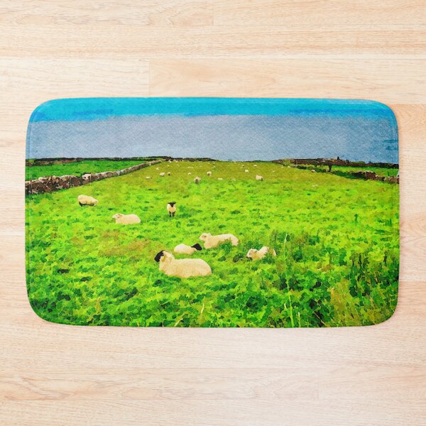 Item preview, Tranquil watercolor landscape of sheep in green pastures by the sea designed and sold by GestaltImagery.