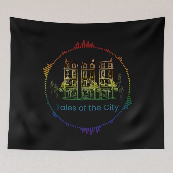 Item preview, Tales of the City, Classic pride flag graphic, Victorian houses, people walking and talking with audio waves graphic, tales of the city tv, lgbtq tv, queer tv, San Francisco, 28 Barbary Lane,  designed and sold by PrideBeProud.