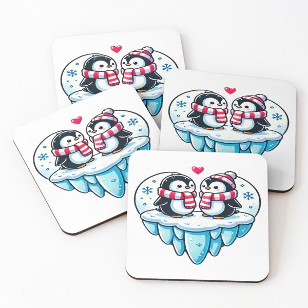Item preview, Happy Penguins on Heart Ice with Striped Scarves and Snowflakes - Frosty Love designed and sold by KreaDesignOne.