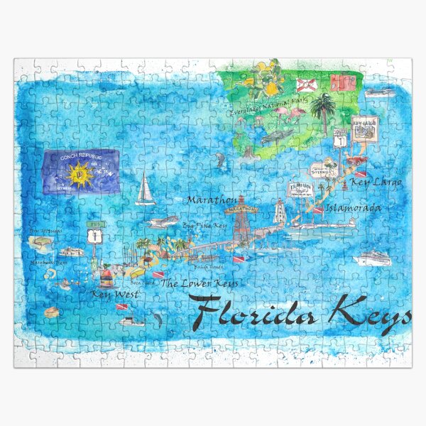 Vista previa del artículo con la obra «Florida Keys Key West Marathon Key Largo Cartel de viaje ilustrado Mapa favorito Lugares turísticos destacados», diseñado y vendido por artshop77.