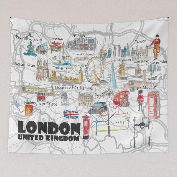 Item preview, London UK illustrated travel poster favorites map Tourist Highlights designed and sold by artshop77.