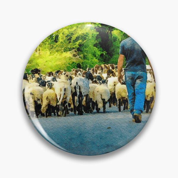 Item preview, Shepherd guiding sheep along a scenic country road in watercolor style designed and sold by GestaltImagery.