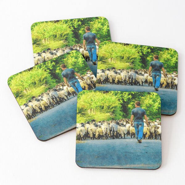Item preview, Shepherd guiding sheep along a scenic country road in watercolor style designed and sold by GestaltImagery.