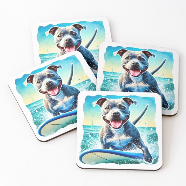Item preview, Cool Happy Blue Staffy Surfing Colorful Watercolor Portrait designed and sold by MaedK.