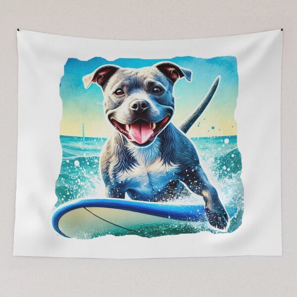 Item preview, Cool Happy Blue Staffy Surfing Colorful Watercolor Portrait designed and sold by MaedK.