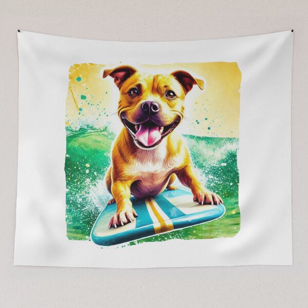 Item preview, Cool Happy Golden Staffy Surfing Colorful Watercolor Portrait designed and sold by MaedK.