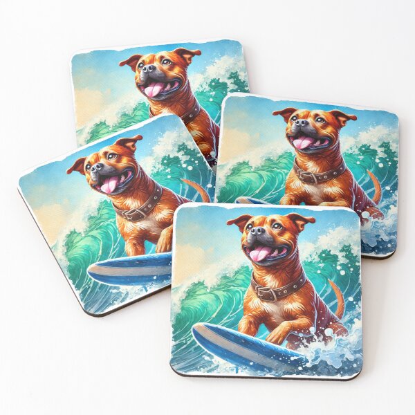 Item preview, Cool Happy Red Staffy Surfing Colorful Watercolor Portrait designed and sold by MaedK.
