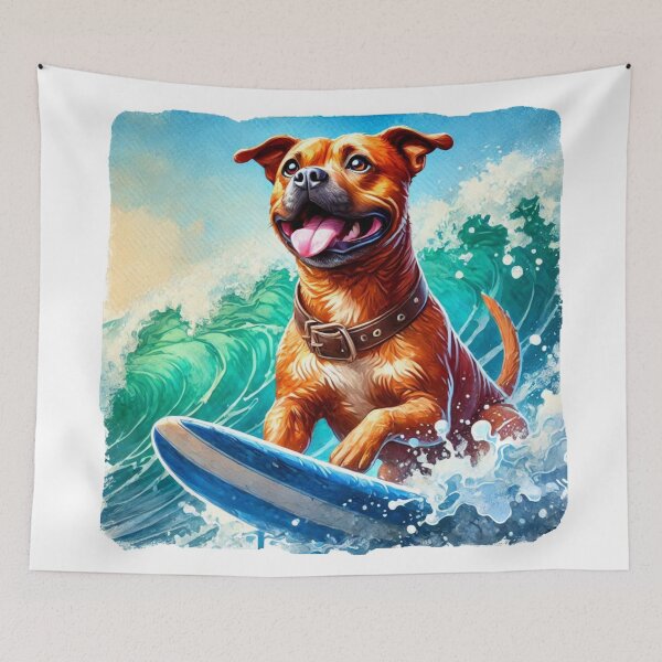 Item preview, Cool Happy Red Staffy Surfing Colorful Watercolor Portrait designed and sold by MaedK.