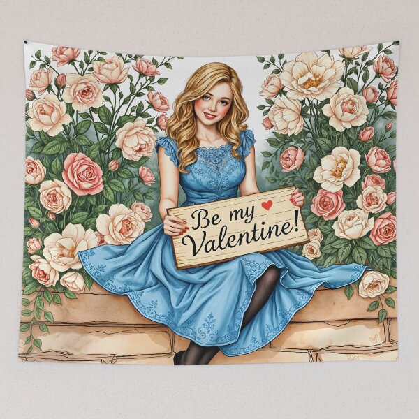 Item preview, Be my Valentine wooden table in a blond girls hand beautiful illustration designed and sold by EmeraldeaArt.