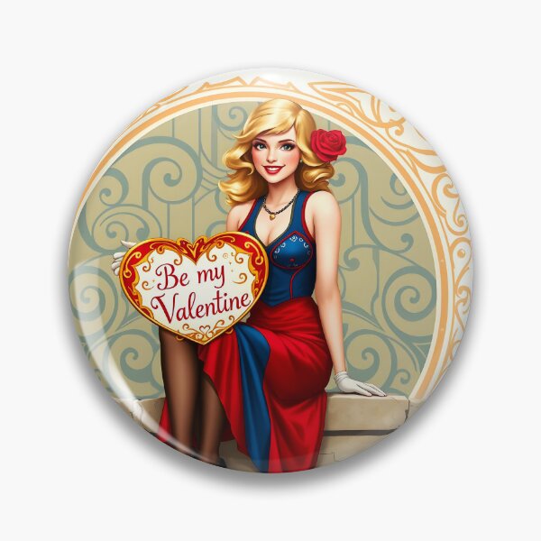 Item preview, Blond girl in blu-red dress patterned backdrop with a heart table: be my Valentine designed and sold by EmeraldeaArt.