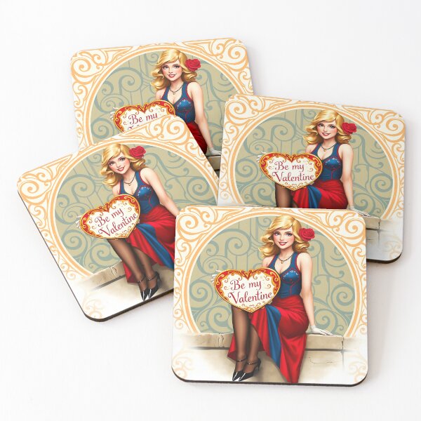 Item preview, Blond girl in blu-red dress patterned backdrop with a heart table: be my Valentine designed and sold by EmeraldeaArt.
