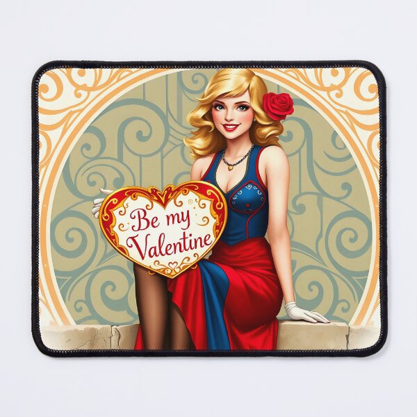 Item preview, Blond girl in blu-red dress patterned backdrop with a heart table: be my Valentine designed and sold by EmeraldeaArt.