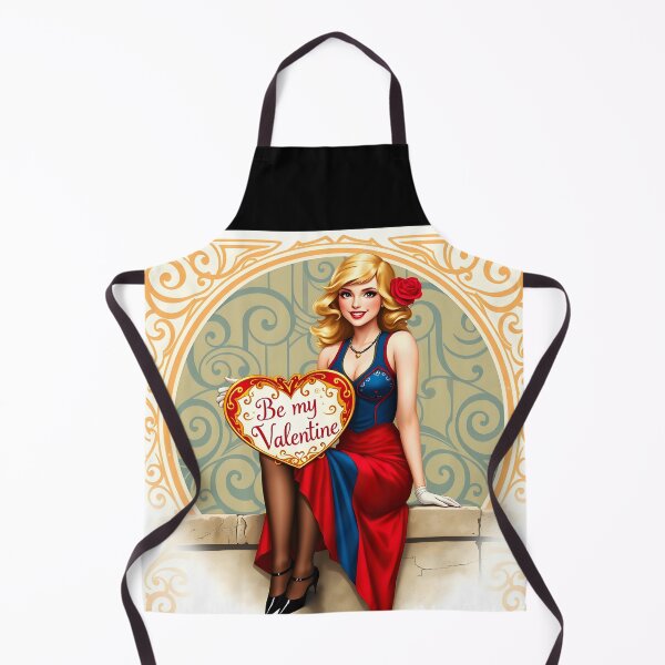 Item preview, Blond girl in blu-red dress patterned backdrop with a heart table: be my Valentine designed and sold by EmeraldeaArt.