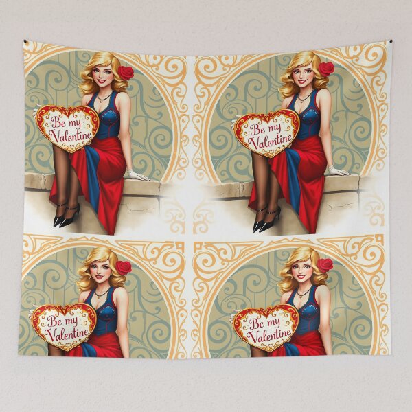 Item preview, Blond girl in blu-red dress patterned backdrop with a heart table: be my Valentine designed and sold by EmeraldeaArt.