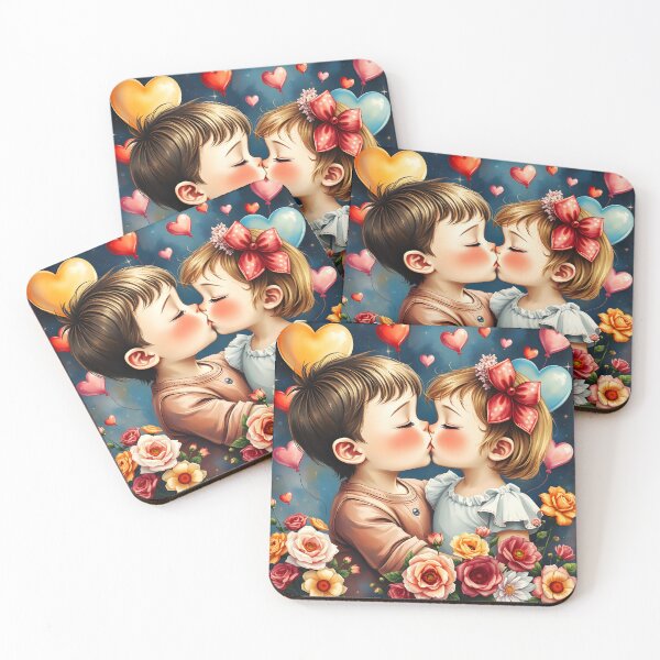 Item preview, First kiss as children adorable lovely illustration designed and sold by EmeraldeaArt.