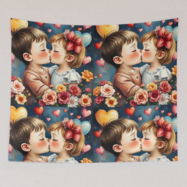 Item preview, First kiss as children adorable lovely illustration designed and sold by EmeraldeaArt.