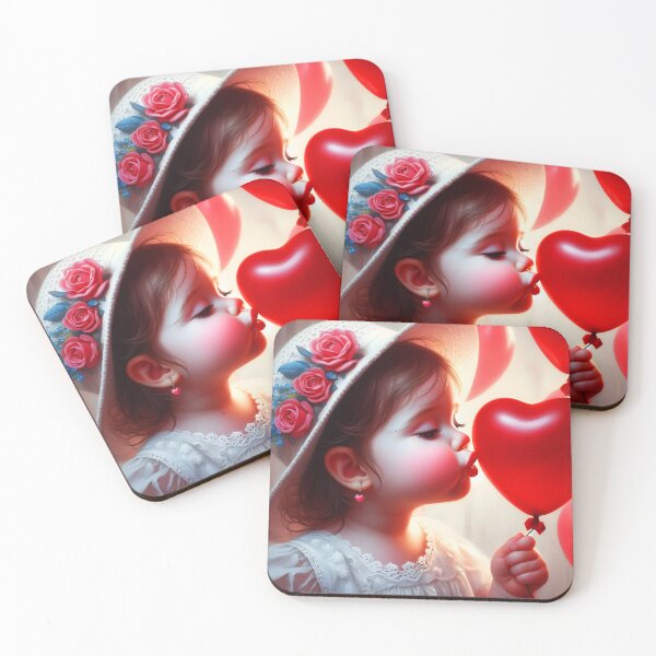 Item preview, Cute toodler girl kissing a heart shape red balloon adorable lovely illustration designed and sold by EmeraldeaArt.