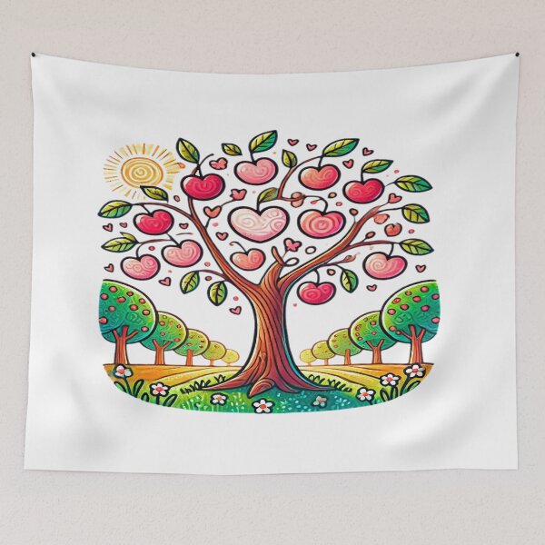 Item preview, Whimsical Tree with Heart-Shaped Fruits, Green Leaves, and Sunny Background in a Playful Orchard designed and sold by KreaDesignOne.